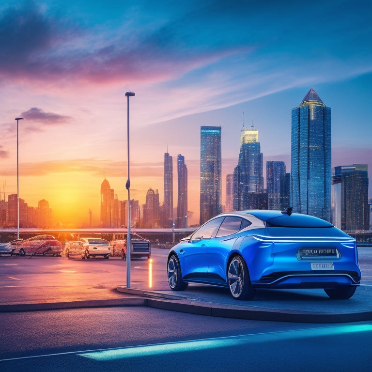 A futuristic illustration of a sleek electric car parked in front of a cityscape at sunset, surrounded by glowing charging stations, with bright blue and green accents highlighting the eco-friendly theme.