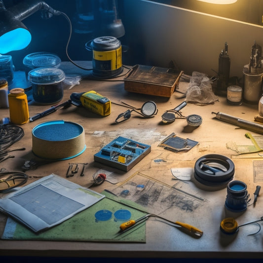 A messy workshop table with scattered tools, wires, and a disassembled solar inverter, surrounded by diagrams, circuit boards, and a magnifying glass, with a subtle hint of sunlight in the background.