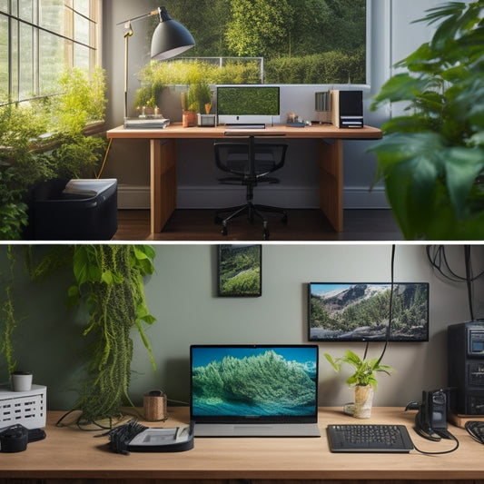 A split-screen image: a cluttered workspace with tangled cords and multiple power strips, versus a sleek, organized space with a single, automated power strip and a few devices plugged in, surrounded by greenery.