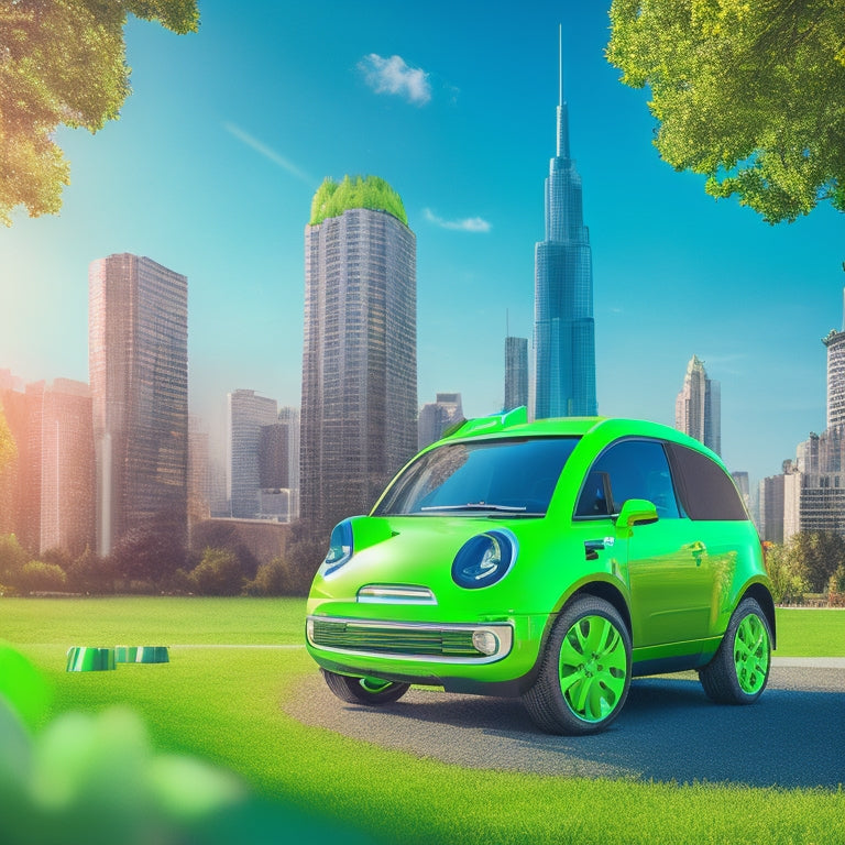 A stylized illustration of a bright green electric vehicle (EV) parked in front of a cityscape with a giant piggy bank and coins overflowing from its trunk, surrounded by greenery and a sunny background.