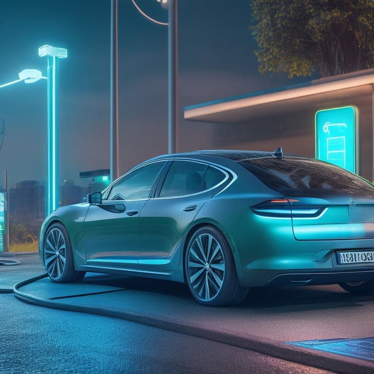 An illustration of a sleek, modern electric vehicle plugged into a charging station, surrounded by a stylized grid of circuits and wires, with a subtle glow of blue and green hues.