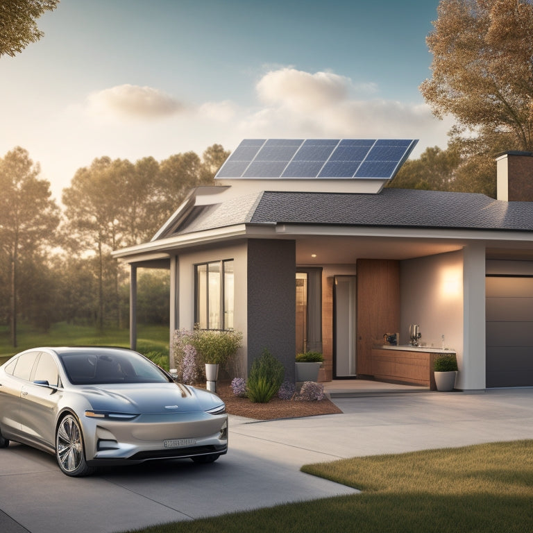 An illustration of a sleek, silver electric vehicle parked in front of a modern, sustainable home with a rooftop solar panel array, showcasing a seamless charging connection.