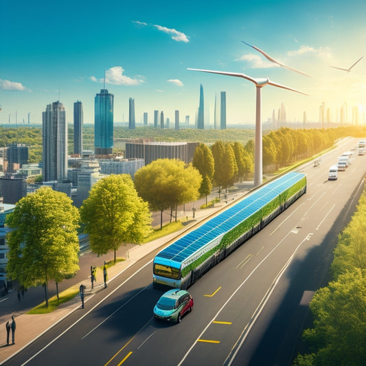 An illustration of a cityscape with a fleet of electric vehicles, including buses, cars, and trucks, amidst a backdrop of green trees, solar panels, and wind turbines, with a bright blue sky.