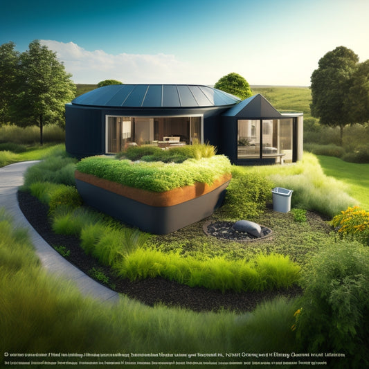 An illustration of a modern, eco-friendly home with a green roof, surrounded by lush plants, with a recycling bin and compost pile in the foreground, and a faint image of a waste-reducing infographic in the background.