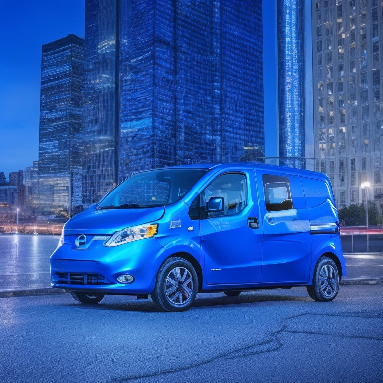 A futuristic, electric blue Nissan E-NV200 van stands against a cityscape background with subtle, glowing electric circuits embedded in the pavement, surrounded by faint, swirling battery symbols.