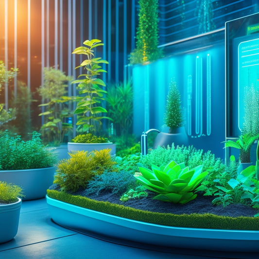 An illustration of a futuristic urban garden with a mix of verdant plants and high-tech gadgets, featuring a tablet displaying energy usage graphs and a smart watering system with glowing blue pipes.