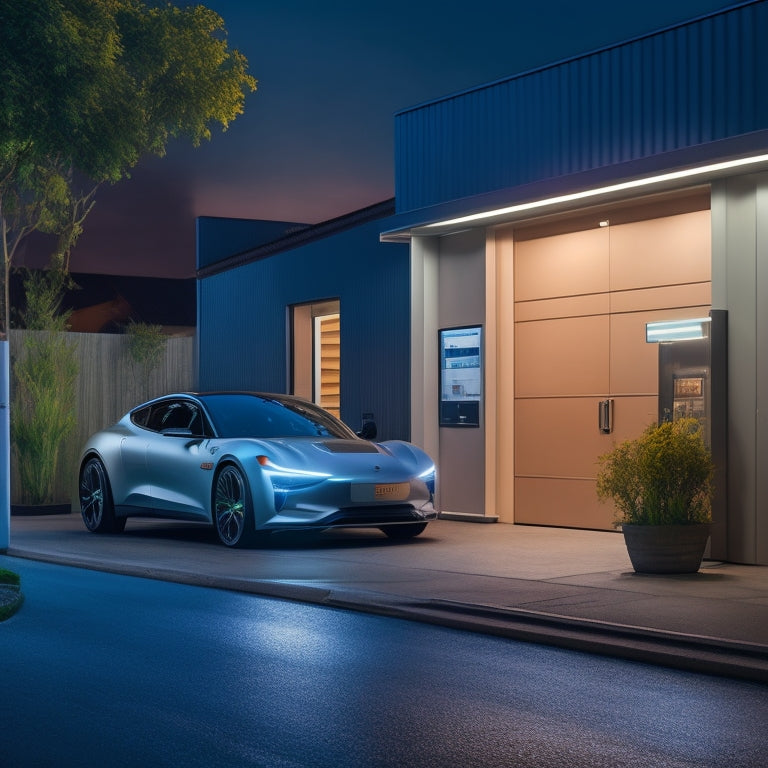 A serene nighttime scene featuring a sleek, silver electric vehicle parked in a modern garage, illuminated by soft LED lights, with a charging cable plugged into a wall-mounted charger.