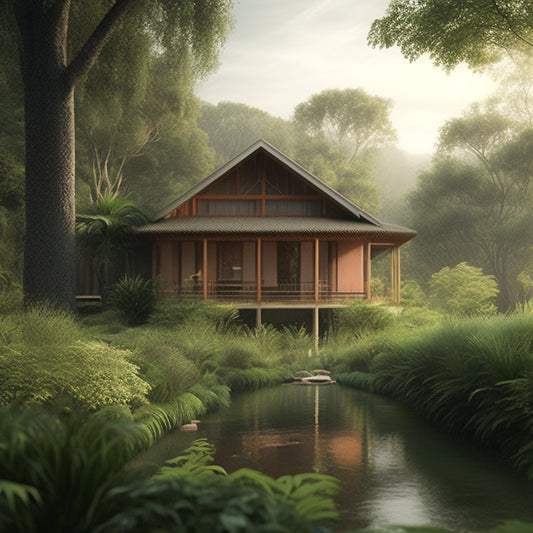 A serene scene featuring a half-built eco-friendly home with reclaimed wooden beams, bamboo roofing, and a lush green living wall, surrounded by lush trees and a subtle misty atmosphere.
