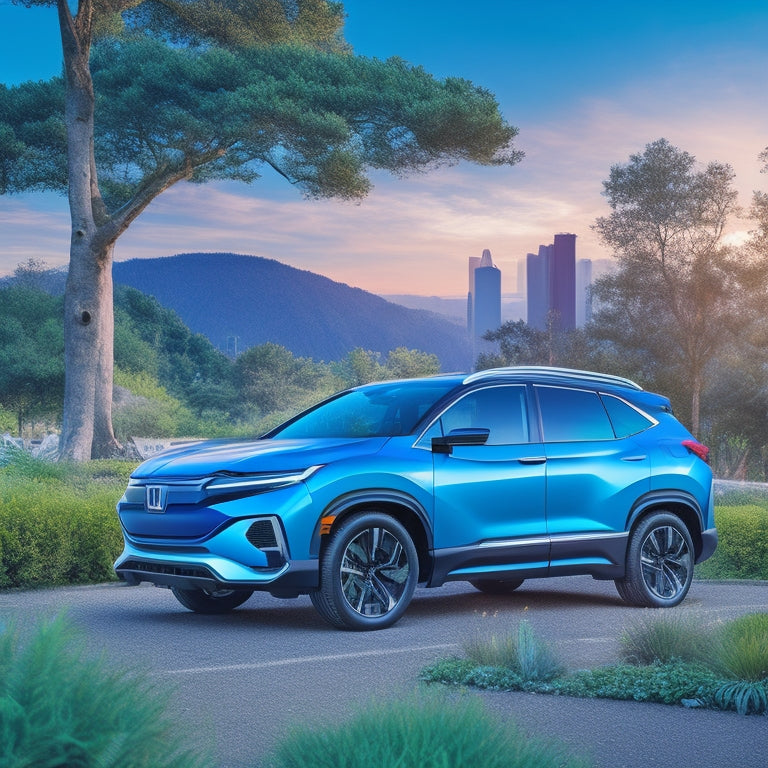 A futuristic illustration of Honda's electric SUV, with glowing blue accents, parked in front of a sleek, modern charging station, surrounded by lush greenery and a subtle cityscape in the background.