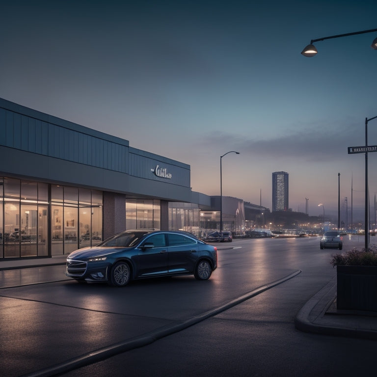 A dimly lit cityscape at dusk, with a lone, sleek electric car in the foreground, surrounded by empty streets and shuttered car dealerships, with a faint, fading "open" sign in the distance.