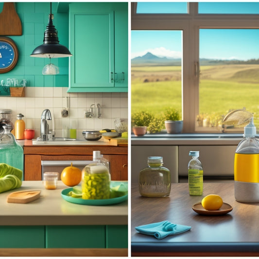 A split-screen image: a cluttered kitchen counter with traditional cleaning products versus a tidy counter with eco-friendly bottles and a small wind turbine or solar panel in the background.