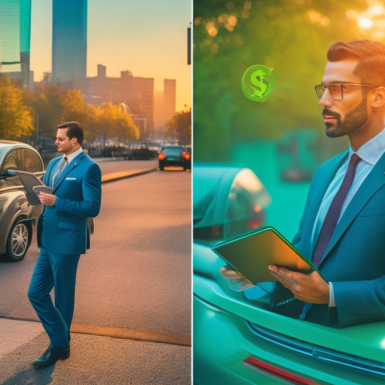 A split-screen image featuring a sleek, eco-friendly electric vehicle on a city street at sunrise, juxtaposed with a businessman in a suit holding a tablet with a green checkmark, surrounded by faint grid lines and subtle financial charts.