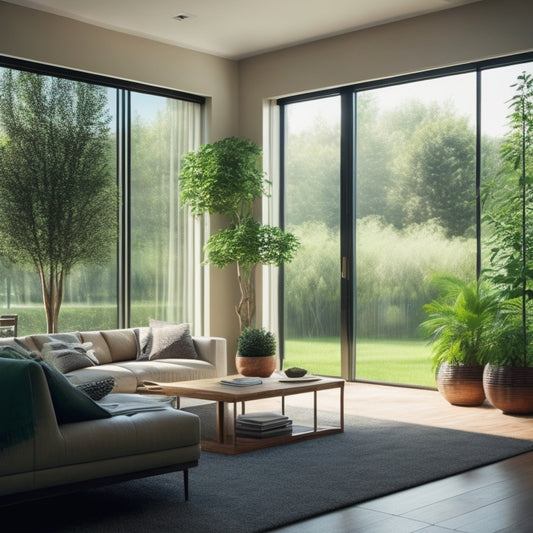 A modern, minimalist living room with floor-to-ceiling windows, featuring sleek, automated blinds in a natural wood tone, partially open to reveal a lush green garden outside.
