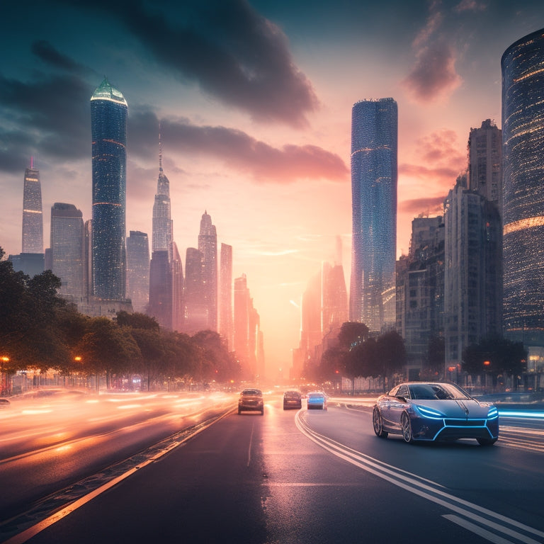 A futuristic cityscape at dusk with sleek electric cars zooming by, their headlights illuminating a giant e-book hovering above the city, its digital pages flipping rapidly, surrounded by sparks and circuits.