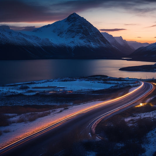 A scenic Norwegian landscape at dusk, with a winding road lined with charging stations, sleek electric cars zooming by, and the Northern Lights dancing above a snow-capped mountain range.