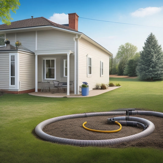 An illustration depicting a backyard with a trench excavated, PVC pipes coiled on a lawn, a drilling rig in the distance, and a house with a heating system visible through a partially open basement door.