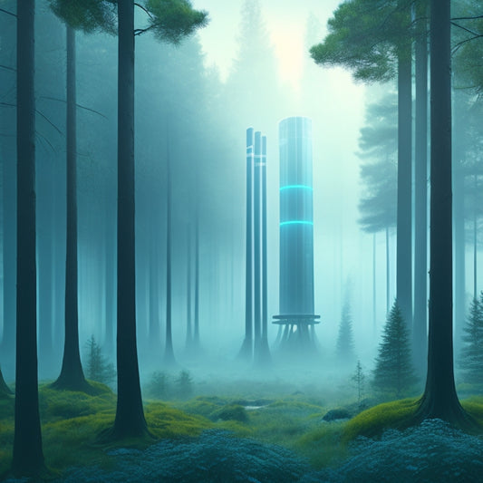 An illustration of a serene, vibrant green forest, with lush trees and a misty atmosphere, surrounded by subtle, futuristic air purification towers and sleek, modern devices with gentle, pulsing blue lights.