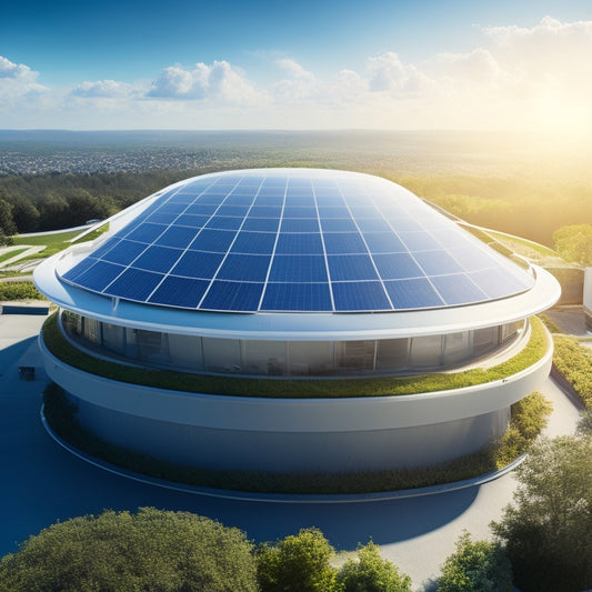 A futuristic, sleek, modern rooftop with integrated solar panels, verdant greenery, and a translucent, glowing membrane, set against a bright blue sky with wispy, white clouds.
