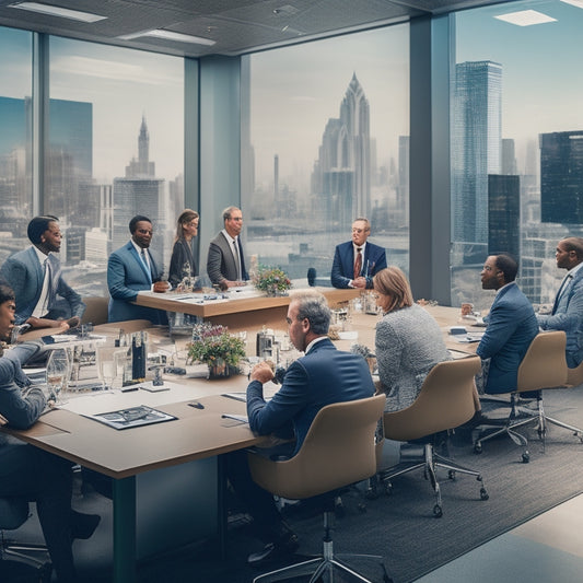 A crowded conference room with diverse experts standing at a long table, surrounded by vehicles' cutouts, electric charging stations, and cityscape backgrounds, conveying a sense of innovation and discussion.