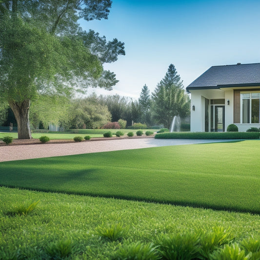 A serene green lawn with a few trees, surrounded by a modern eco-friendly home, featuring a sleek smart irrigation controller on the exterior wall, with droplets of water and a sprinkler in the foreground.