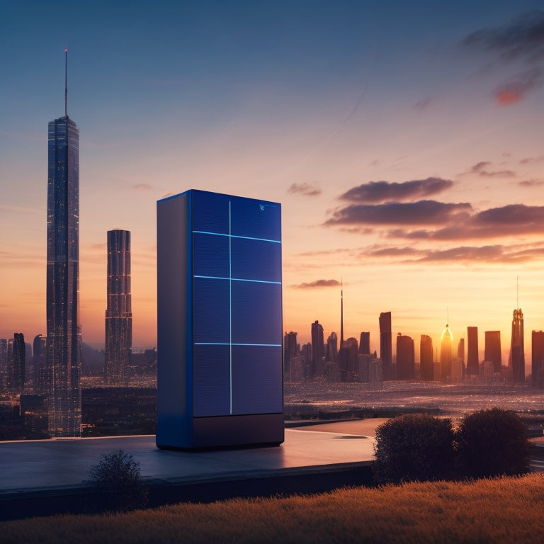 A futuristic, sleek, and modern illustration of a Tesla Powerwall unit against a cityscape at sunset, with solar panels and a subtle, glowing blue circuitry pattern in the background.