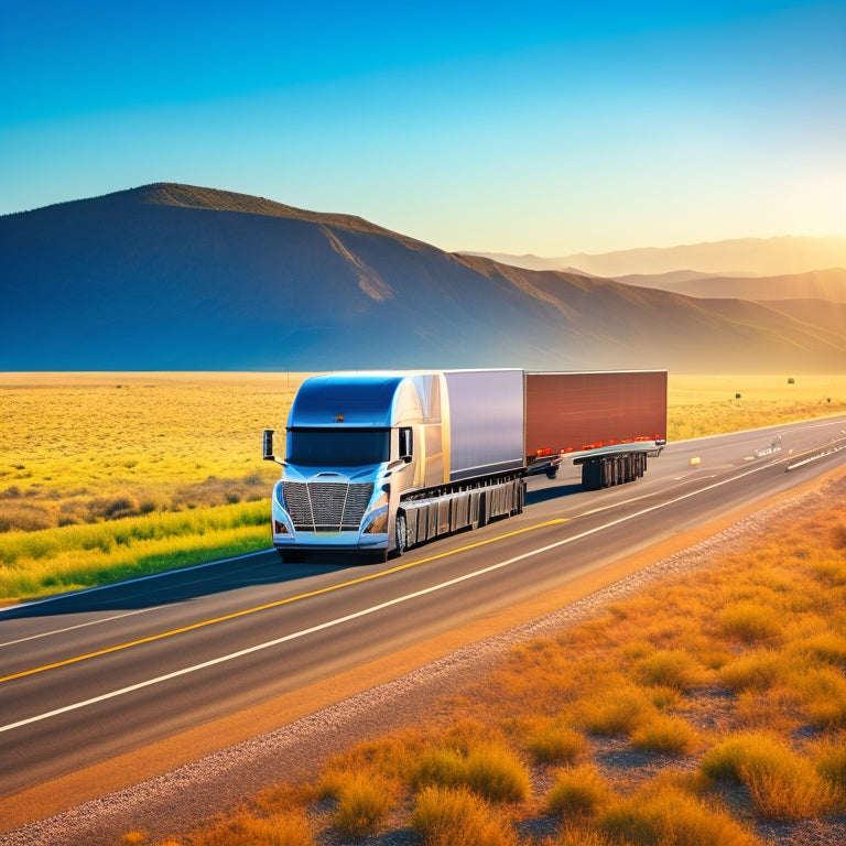 A futuristic illustration of a semi-truck with solar panels integrated into its trailer, driving on a highway surrounded by a sunny, cloudless sky and rolling hills.