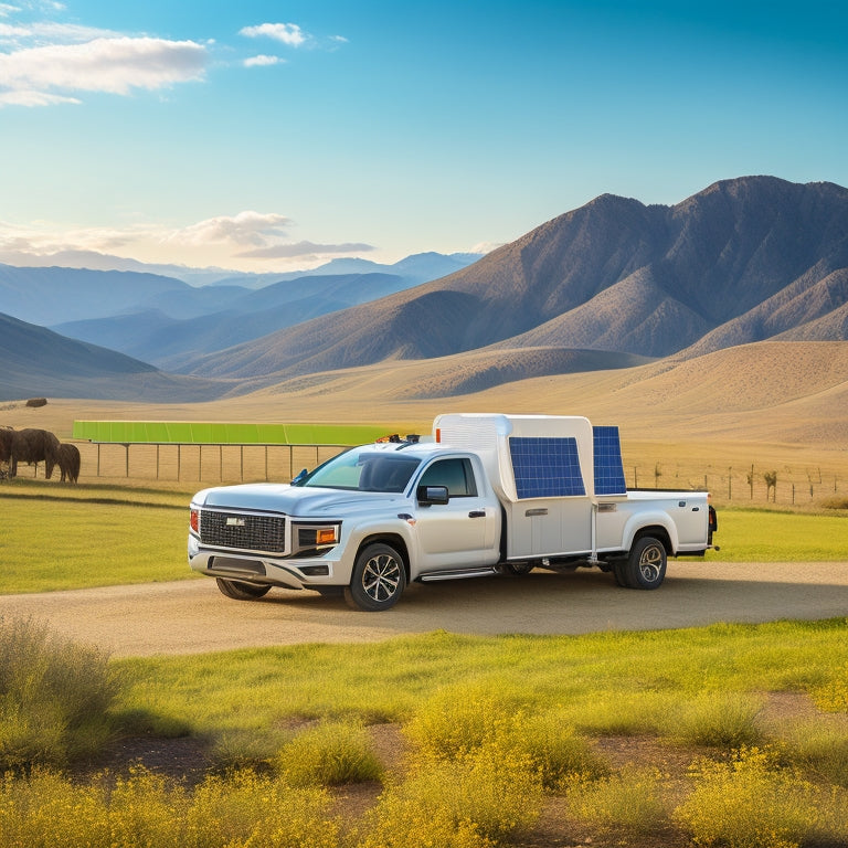 A serene, sunny landscape with a white pickup truck parked on a grassy hill, surrounded by mountains in the background, with various solar panels of different shapes and sizes attached to the truck's roof and hood.