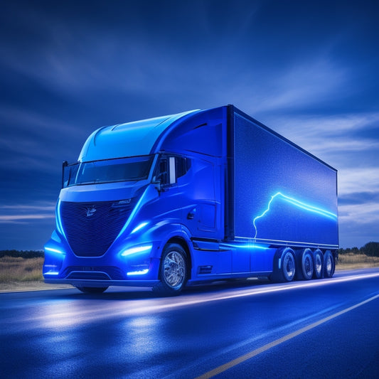 A futuristic electric box truck with sleek, aerodynamic lines, glowing blue accents, and a bold, dynamic pose, set against a dark, gradient-blue background with stylized lightning bolts.