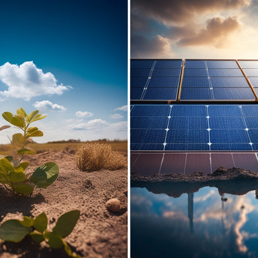 A split-screen image: a dirty solar panel with leaves and dirt accumulated, next to a clean one with water droplets and a subtle sparkle, both set against a bright blue sky with fluffy white clouds.