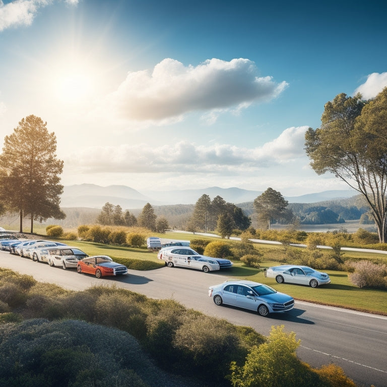 A serene landscape with a fleet of electric vehicles, each with solar panels on the roof, parked in a row, surrounded by lush greenery, under a bright blue sky with fluffy white clouds.