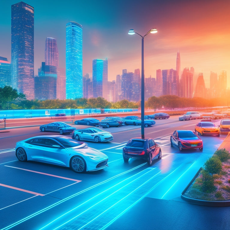 A futuristic cityscape with sleek, electric vehicles parked in a row, surrounded by charging stations, with a large, glowing map display screen in the background, showcasing routes and vehicle tracking data.