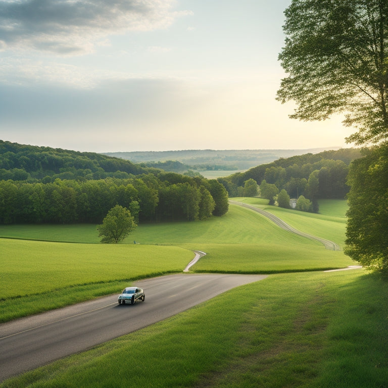 A serene Pennsylvania countryside landscape with a sleek, silver electric car driving down a winding road, surrounded by lush green trees and a faint outline of the Pittsburgh skyline in the distance.