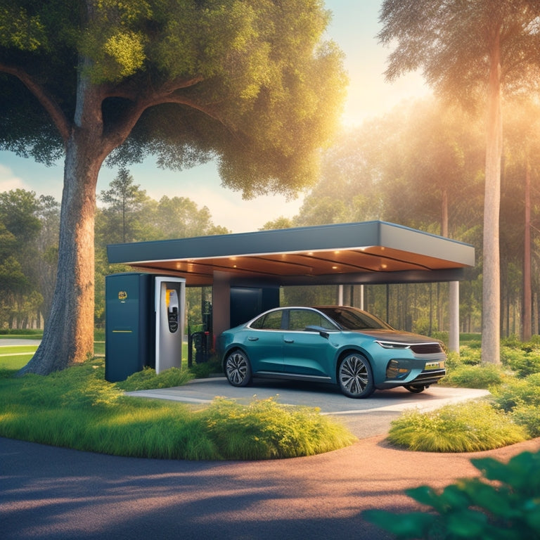 An illustration of a sleek, modern EV charging station surrounded by lush greenery, with a large solar panel array on the roof, casting a warm, eco-friendly glow.