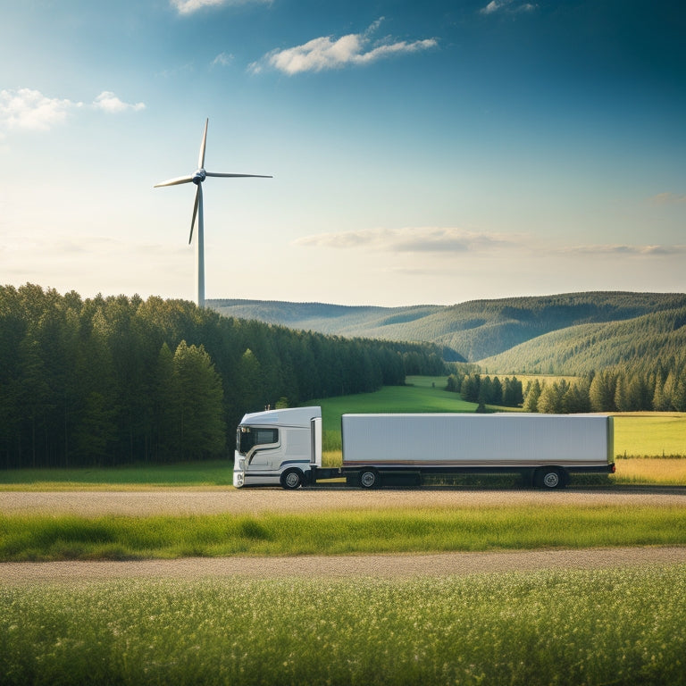 A serene landscape with a large, sleek wind turbine in the background, a shiny silver truck parked in front of it, and a cluster of solar panels on the truck's roof, surrounded by lush greenery.