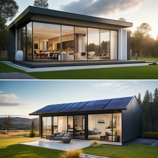 A modern, sleek, and minimalist home exterior with large, floor-to-ceiling solar panels integrated into the roof, seamlessly blending with sliding glass doors that disappear into the wall.