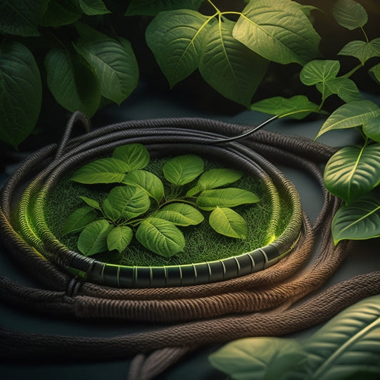 An illustration of a smart power strip with glowing green circuits, surrounded by a halo of leaves, set against a dark background with subtle, swirling patterns of energy efficiency metrics.