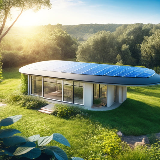 A futuristic, eco-friendly home with solar panels, a green roof, and a modern HVAC system visible through a transparent wall, surrounded by lush plants and a bright blue sky.