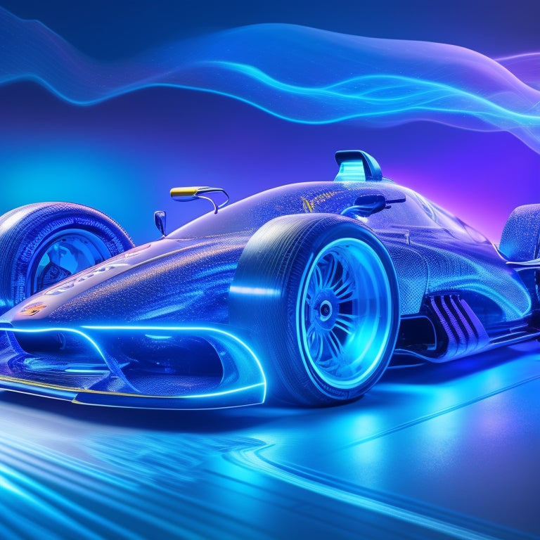 A futuristic, high-tech illustration of a sleek, silver racing car with glowing blue circuits and wires visible beneath its transparent body, surrounded by swirling speed lines and sparks.