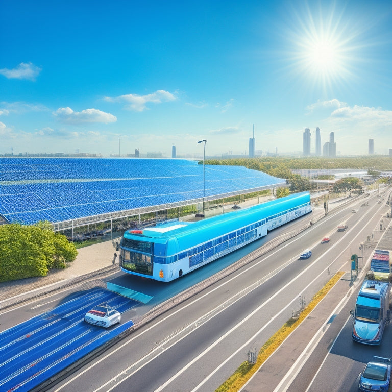 An illustration of a cityscape with a fleet of vehicles, including buses, trucks, and vans, with solar panels installed on their rooftops, set against a bright blue sky with fluffy white clouds.