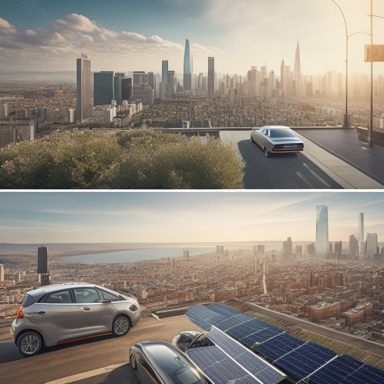 A split-screen image with a fleet of electric vehicles on one side and a cityscape with solar panels on rooftops on the other, with varying battery sizes and price tags scattered throughout.