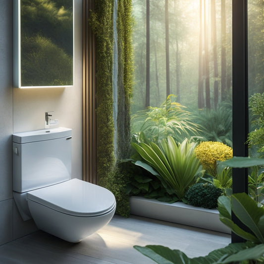 A modern bathroom with a sleek, wall-mounted waterless toilet at its center, surrounded by lush greenery and a minimalist aesthetic, with a subtle futuristic glow emanating from the toilet's sleek design.