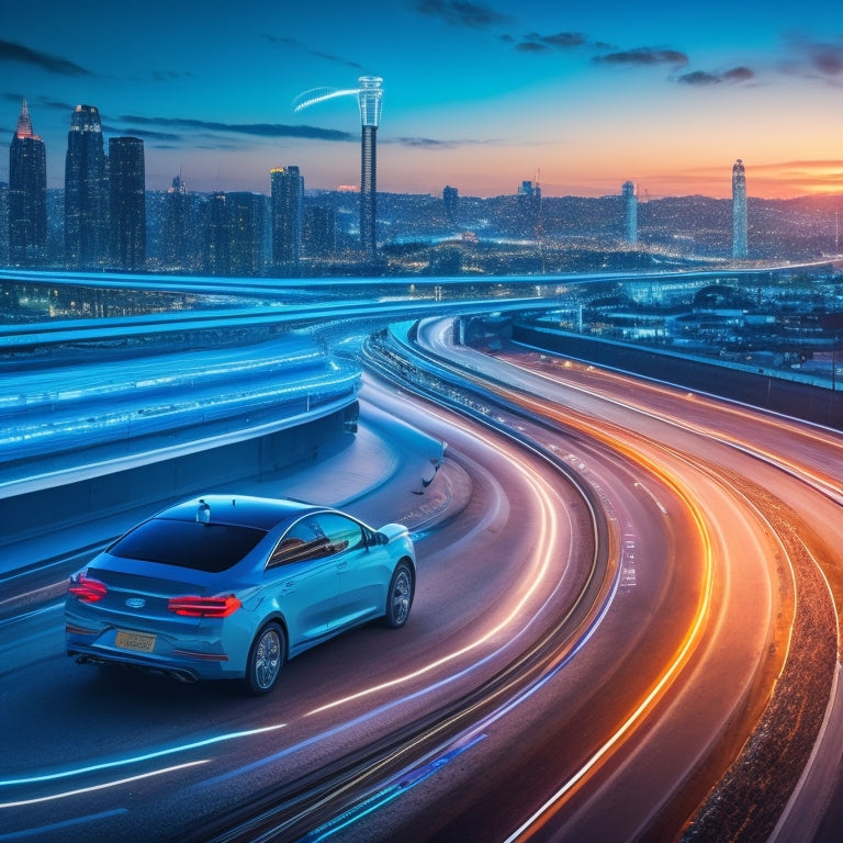 A futuristic highway scene at dusk, with sleek Ford EVs in metallic hues zooming past a blurred cityscape, surrounded by glowing blue lines and circuits, symbolizing innovation and sustainability.