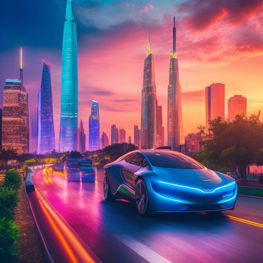 A futuristic cityscape at dusk with sleek, aerodynamic electric vehicles (EVs) from Chevrolet's latest lineup parked along a curved road, surrounded by neon-lit skyscrapers and lush greenery.