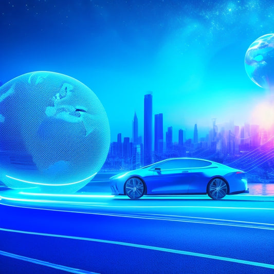 A futuristic, minimalist illustration featuring a stylized globe with glowing blue electric circuits and roads, surrounded by rising charts and graphs, with sleek, silver electric vehicles speeding by.