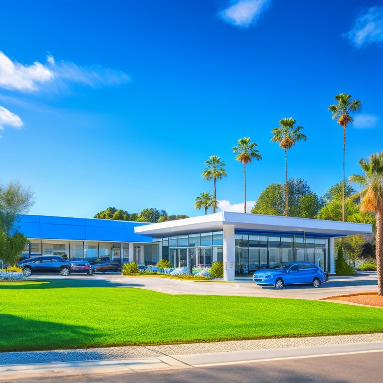 A modern, sleek Chevrolet dealership building with a bright blue and white façade, surrounded by lush greenery, with a few electric vehicles parked outside, under a sunny California sky.