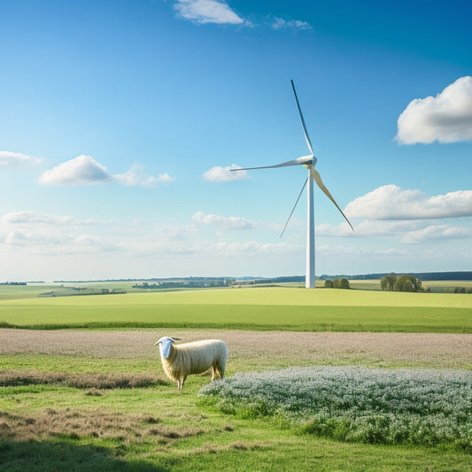 A serene rural landscape with a modern wind turbine in the distance, surrounded by lush greenery and a few grazing sheep, under a bright blue sky with wispy white clouds.