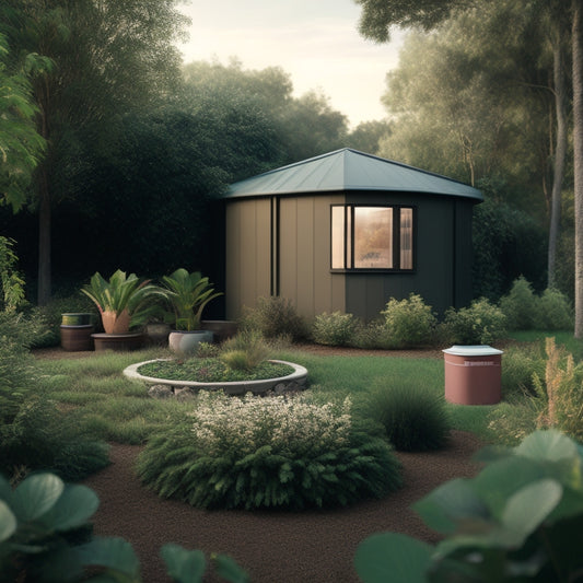 An illustration of a modern eco-friendly home surrounded by lush greenery, with a compost bin, recycling bins, and a worm farm in the backyard, amidst a subtle earthy color palette.