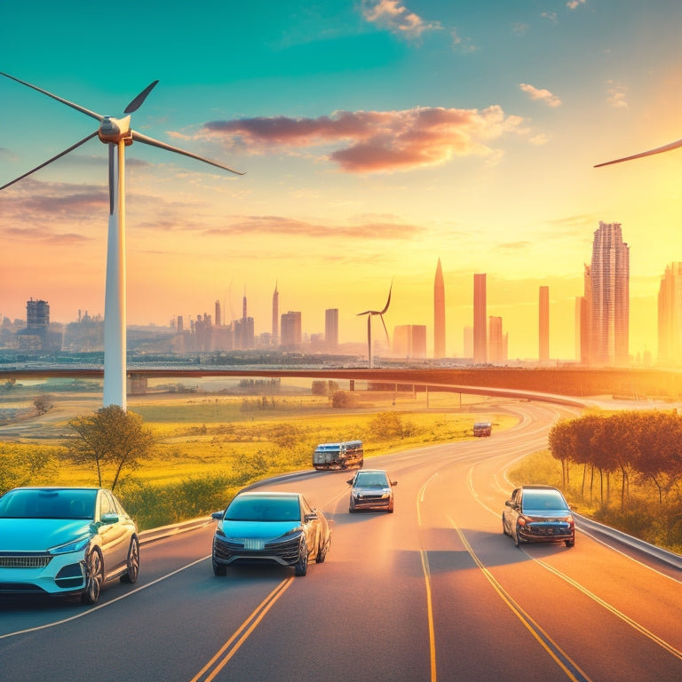 An illustration of a futuristic cityscape with sleek, electric vehicles zooming by, surrounded by lush greenery and wind turbines, with a blurred background of a city's silhouette at sunset.