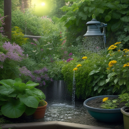 An illustration of a lush, thriving garden with a subtle, meandering greywater system in the background, featuring a showerhead pouring water into a bucket, surrounded by vibrant flowers and leafy greens.