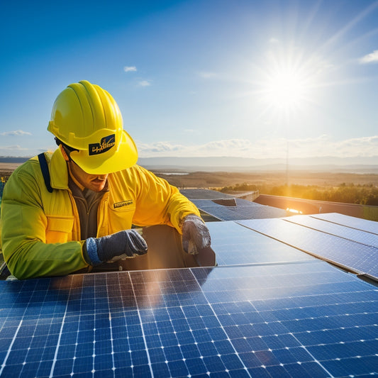 An image depicting a homeowner in a yellow hard hat and gloves, inspecting a rooftop solar panel array with a magnifying glass, against a bright blue sky with a few fluffy white clouds.